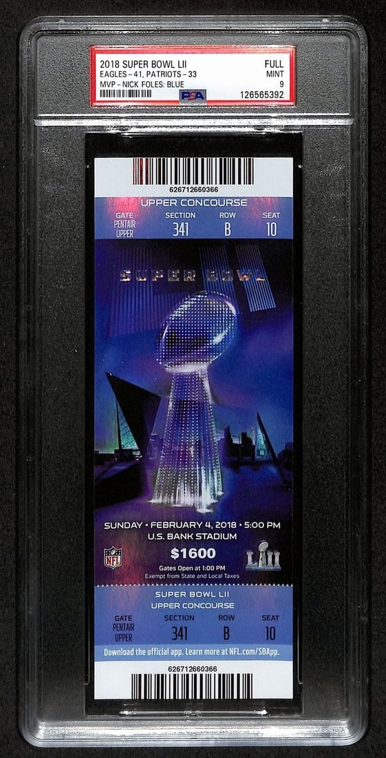 2018 Super Bowl LII Full Ticket Eagles vs Patriots PSA Mint 9: 2018 Super Bowl LII Full Ticket Eagles vs Patriots PSA Mint 9 This is an original full ticket from the 2018 Super Bowl LII (52) featuring the Philadelphia Eagles (41) versus the New England Patriots (