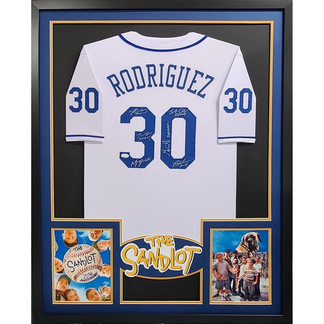 Framed Jersey Signed by Six Sandlot Cast Members with JSA Authentication: Framed Jersey Signed by Six Sandlot Cast Members with JSA Authentication This framed Sandlot jersey is autographed by six cast members: Tom Guiry, Marty York, Shane Obedzinski, Victor DiMattia, Brando