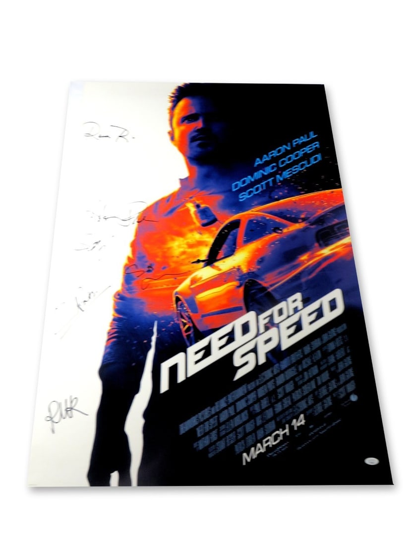 Need for Speed Signed Poster 27X40 JSA Authenticated by Aaron Paul Malek +4: Need for Speed Signed Poster 27X40 JSA Authenticated by Aaron Paul Malek +4 This original autographed poster from the cast of "Need for Speed" features the signatures of Aaron Paul, Rami Malek, Scott