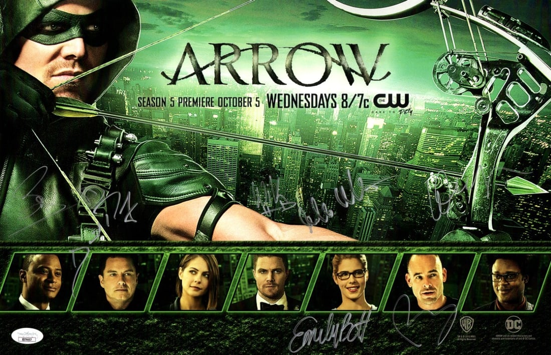 Arrow Cast Autographed 11X17 Poster JSA Certified Stephen Amell +5: Arrow Cast Autographed 11X17 Poster JSA Certified Stephen Amell +5 This Arrow cast autographed poster features the signatures of popular stars from the show, including Stephen Amell, Emily Bett Rickar