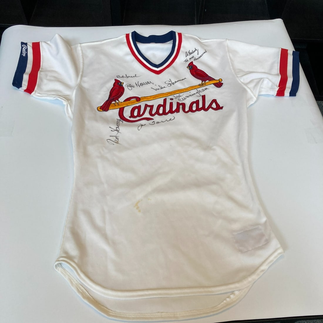 1980s St. Louis Cardinals Multi Signed Game Issued Rawlings Jersey: 1980s St. Louis Cardinals Multi Signed Game Issued Rawlings Jersey This authentic 1980's St. Louis Cardinals jersey is a true collector's item, featuring multiple signatures from notable players inclu