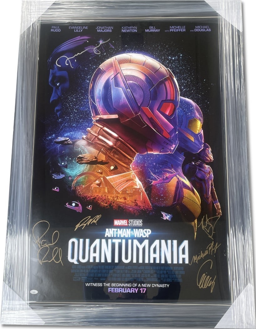 Framed Quantumania Movie Poster Signed by Paul Rudd and Cast JSA Authenticated: Framed Quantumania Movie Poster Signed by Paul Rudd and Cast JSA Authenticated This framed poster features authentic signatures from the cast of Ant-Man and the Wasp: Quantumania, including Paul Rudd,
