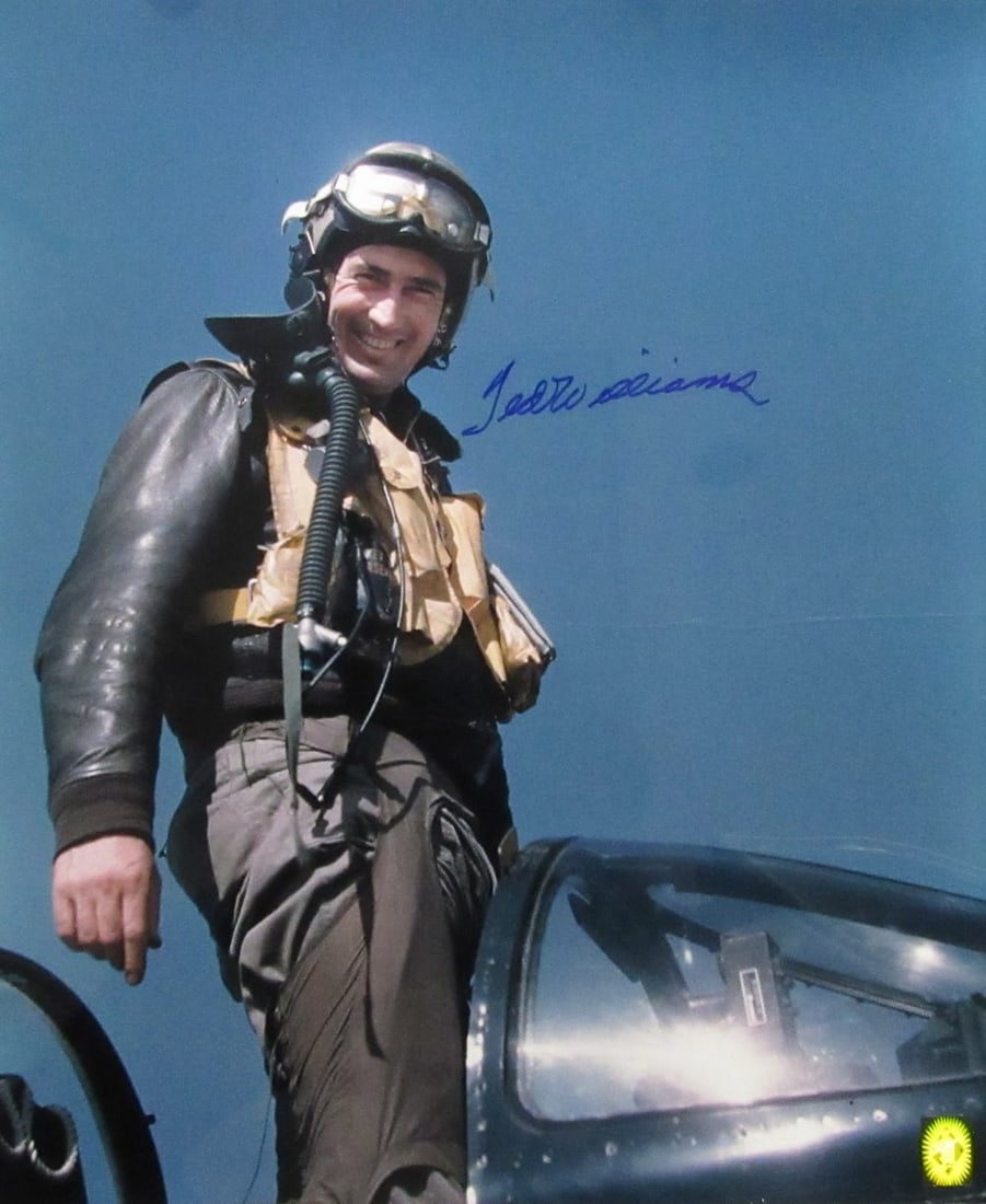 Ted Williams HOF Autographed 20x24 Fighter Pilot Photo with Green Diamond Hologram: Ted Williams HOF Autographed 20x24 Fighter Pilot Photo with Green Diamond Hologram Celebrate the legacy of baseball legend Ted Williams with this original 20x24 signed photo capturing him as a fighter
