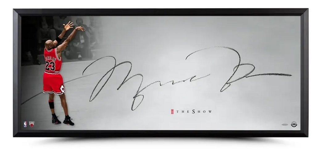 Michael Jordan Signed 20x46 Framed Photo The Show Upper Deck Authenticated: Michael Jordan Signed 20x46 Framed Photo The Show Upper Deck Authenticated Celebrate one of the most iconic moments in basketball history with this Michael Jordan Signed Autograph 20X46 Framed Photo t