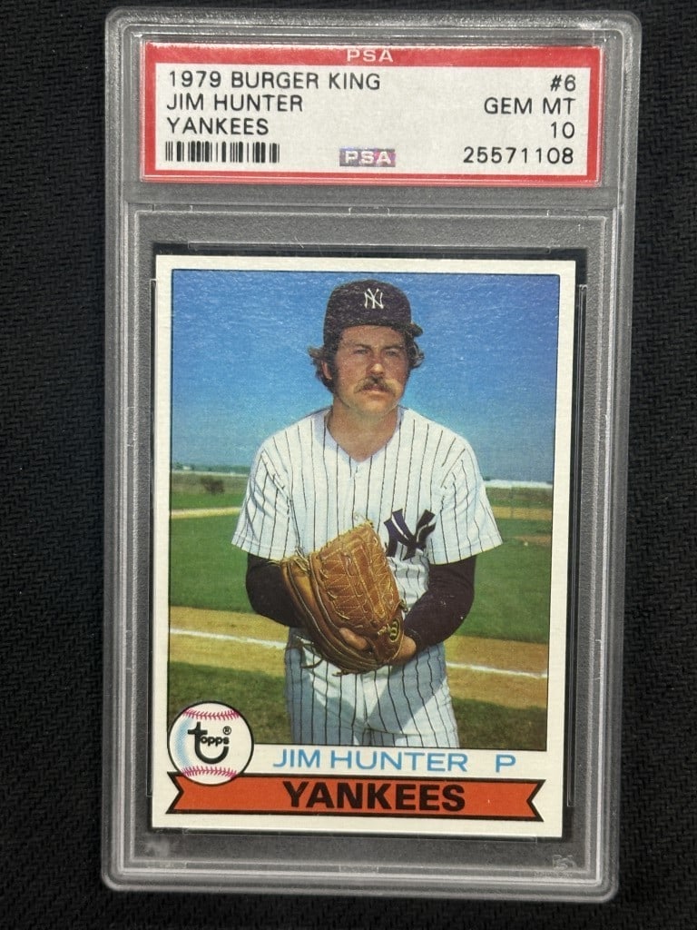 Jim Catfish Hunter 1979 Topps Burger King PSA 10 Yankees Baseball Card: Jim Catfish Hunter 1979 Topps Burger King PSA 10 Yankees Baseball Card This 1979 Topps Burger King baseball card features Jim Catfish Hunter, a legendary pitcher for the New York Yankees. Graded by Pr
