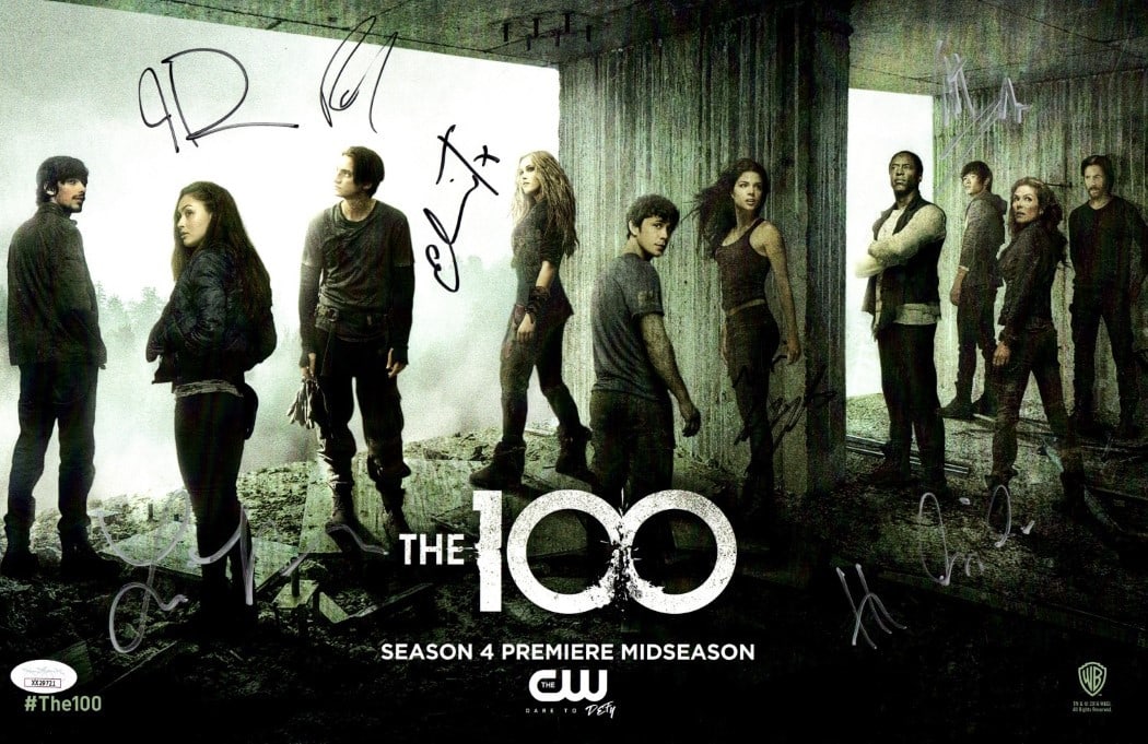 The 100 Multi Signed 11X17 Poster 7 Autos JSA Authenticated: The 100 Multi Signed 11X17 Poster 7 Autos JSA Authenticated This is a multi-signed 11x17 poster from the popular series 'The 100', featuring the autographs of Eliza Taylor, Lindsey Morgan, Marie Avger
