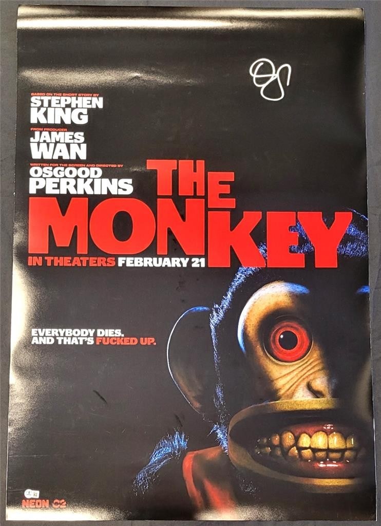 Osgood Perkins Signed The Monkey 27x40 Poster Beckett Authenticated: Osgood Perkins Signed The Monkey 27x40 Poster Beckett Authenticated This original movie poster features the title 'The Monkey' and is signed by Osgood Perkins. Measuring 27x40 inches, it is an authent