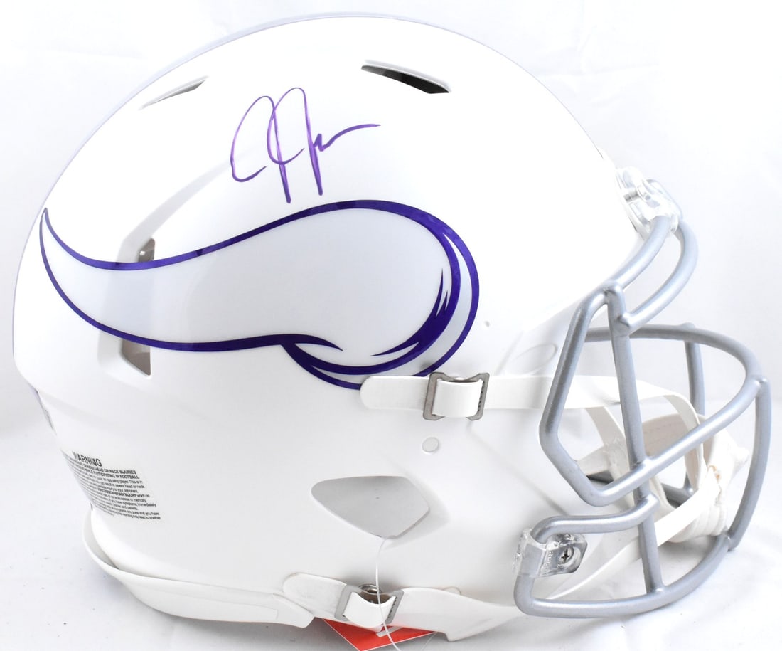 Minnesota Vikings Full Size Authentic Helmet Signed by Justin Jefferson Beckett Authenticated: Minnesota Vikings Full Size Authentic Helmet Signed by Justin Jefferson Beckett Authenticated This is a pre-owned Minnesota Vikings full-size alternate 2024 Speed Authentic helmet signed by Justin Jef