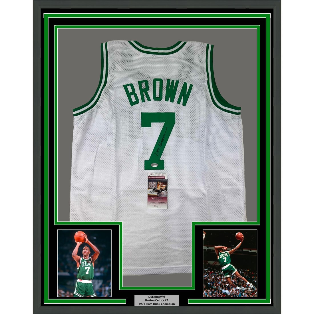Framed Dee Brown Autographed Boston Celtics Jersey with JSA COA 35x39: Framed Dee Brown Autographed Boston Celtics Jersey with JSA COA 35x39 Celebrate the legacy of NBA star Dee Brown with this professionally framed and matted autographed Boston Celtics white basketball