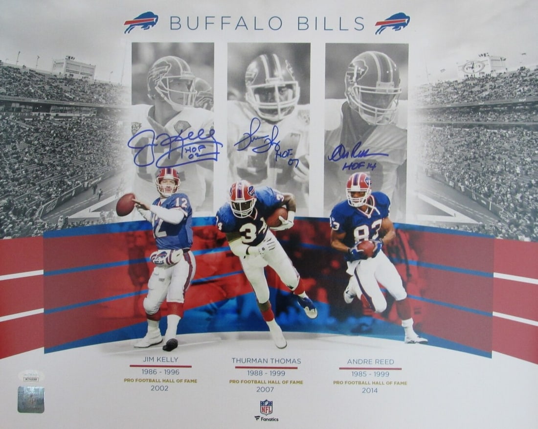 Jim Kelly Thurman Thomas Andre Reed Signed 16x20 Photo JSA Buffalo Bills HOF: Jim Kelly Thurman Thomas Andre Reed Signed 16x20 Photo JSA Buffalo Bills HOF Capture the legacy of the Buffalo Bills with this stunning multi-signed and inscribed 16x20 photo featuring Hall of Famers