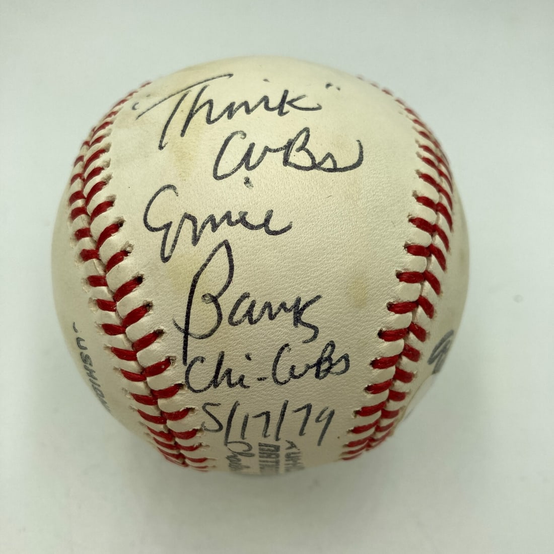 Ernie Banks Signed Inscribed National League Baseball PSA COA Think Cubs 5-17-1979: Ernie Banks Signed Inscribed National League Baseball PSA COA Think Cubs 5-17-1979 Celebrate the legacy of baseball with this vintage National League Feeney baseball signed by the legendary Ernie Bank