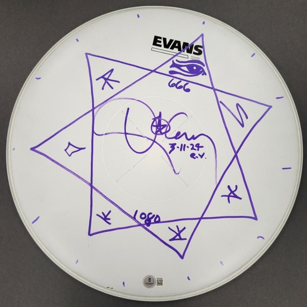 14 inch Drumhead Signed and Sketched by Danny Carey Tool Beckett Authenticated: 14 inch Drumhead Signed and Sketched by Danny Carey Tool Beckett Authenticated This is a 14-inch drumhead signed by Danny Carey, the drummer for Tool, featuring both his autograph and a sketch. The au