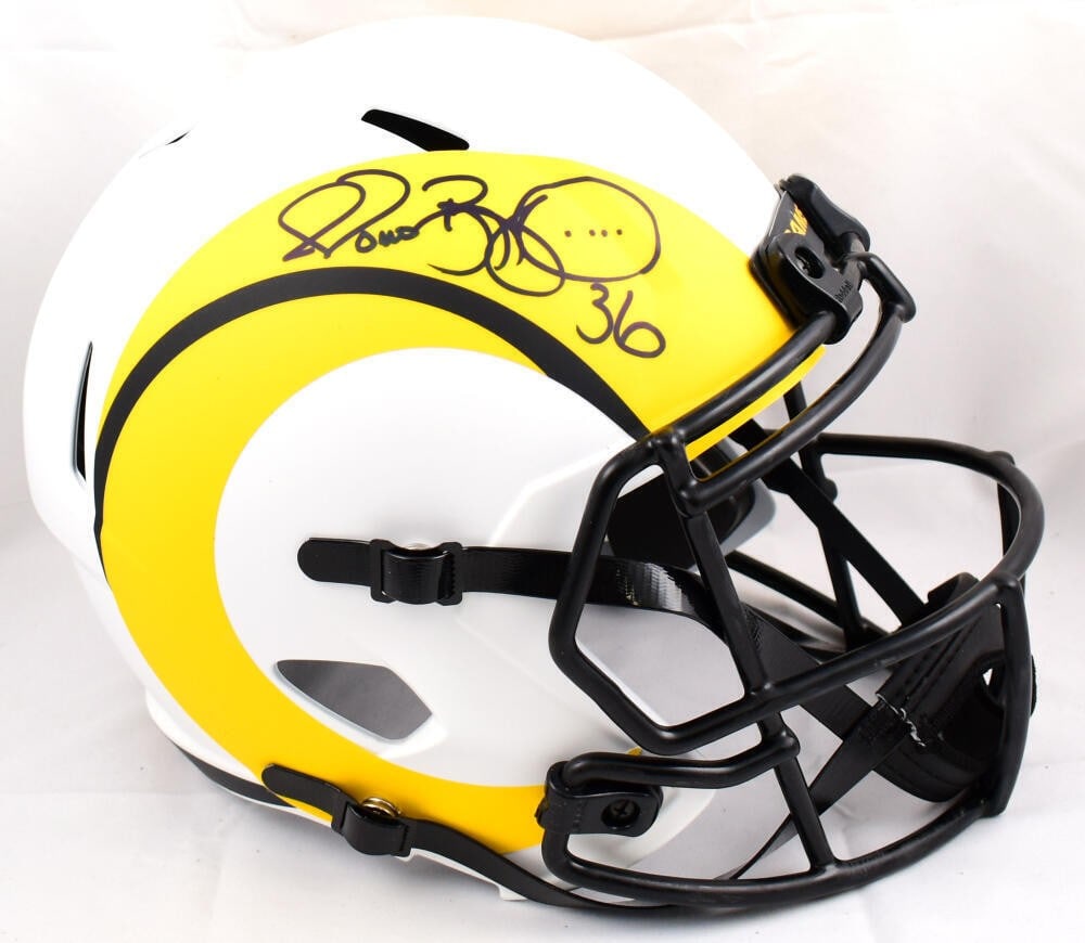 Jerome Bettis Autographed Los Angeles Rams Lunar Speed Helmet Beckett Authenticated: Jerome Bettis Autographed Los Angeles Rams Lunar Speed Helmet Beckett Authenticated This authentic Los Angeles Rams full-size Lunar Speed helmet is signed by the legendary player Jerome Bettis. The he