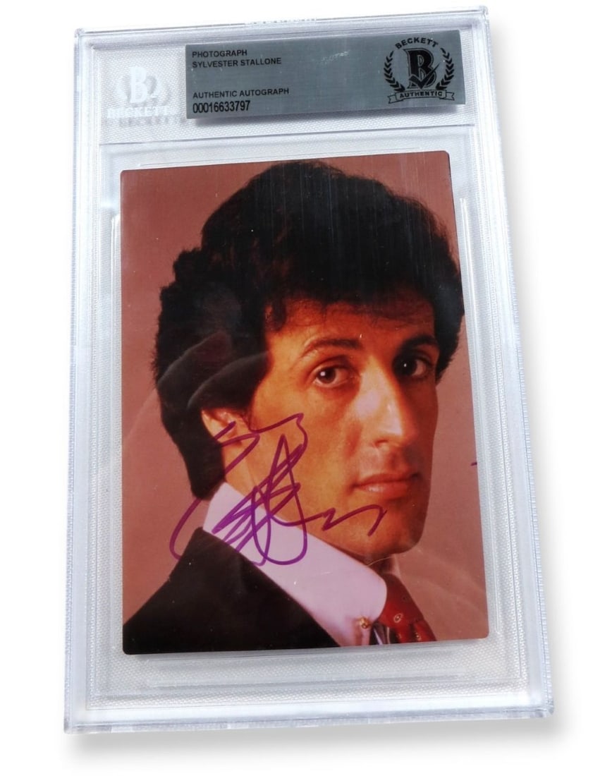 Sylvester Stallone Signed 3.5 x 5 Photo Rocky Rambo Beckett Authenticated: Sylvester Stallone Signed 3.5 x 5 Photo Rocky Rambo Beckett Authenticated This original autographed small photograph features Sylvester Stallone, known for his iconic roles in the Rocky and Rambo film