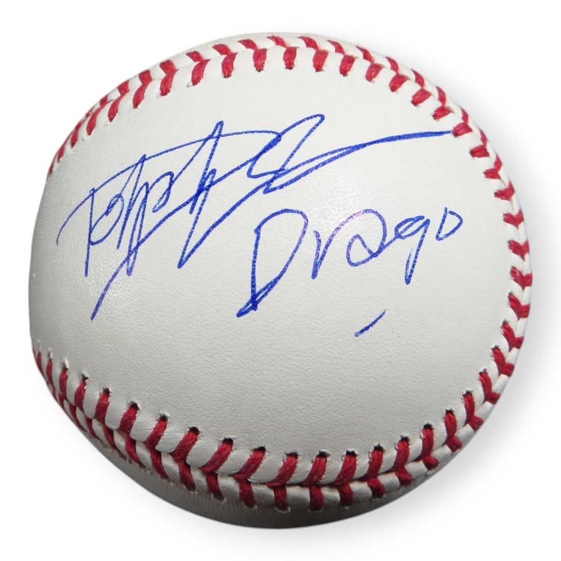 Baseball Signed Twice by Dolph Lundgren as Drago Rocky IV Beckett Authenticated: Baseball Signed Twice by Dolph Lundgren as Drago Rocky IV Beckett Authenticated This is an original baseball autographed by Dolph Lundgren, known for his role as Drago in Rocky IV. The signature has b