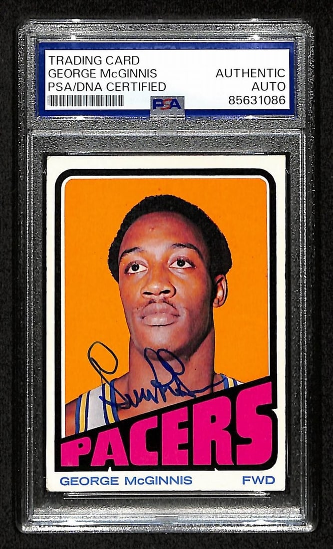George McGinnis HOF Signed 1972-73 TOPPS Rookie Card PSA/DNA: George McGinnis HOF Signed 1972-73 TOPPS Rookie Card PSA/DNA This is an original George McGinnis Hall of Fame Signed 1972-73 TOPPS Rookie Card #183 from the Indiana Pacers. The card features McGinnis'