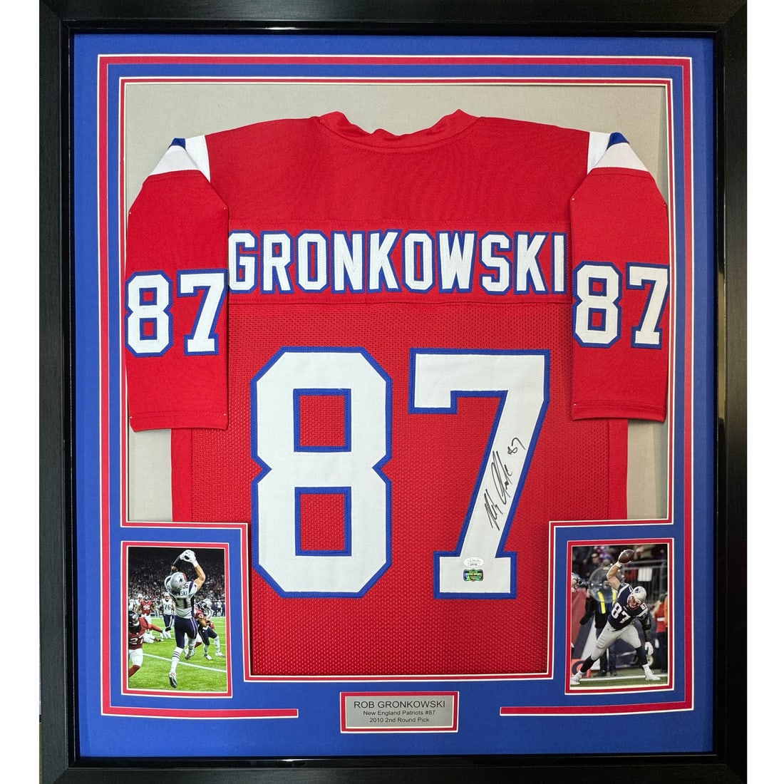 Rob Gronkowski Signed Patriots Jersey Framed with JSA COA 35x39 and Photos: Rob Gronkowski Signed Patriots Jersey Framed with JSA COA 35x39 and Photos This framed display features a red New England Patriots jersey autographed by Rob Gronkowski. Professionally framed and matte