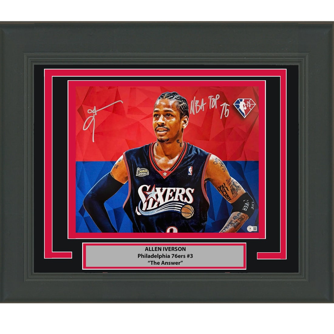 Framed Signed Allen Iverson NBA Top 75 16x20 Photo Beckett COA: Framed Signed Allen Iverson NBA Top 75 16x20 Photo Beckett COA This professionally framed and matted 16x20 photo of Allen Iverson, commemorating his inclusion in the "NBA Top 75," showcases a bold aut