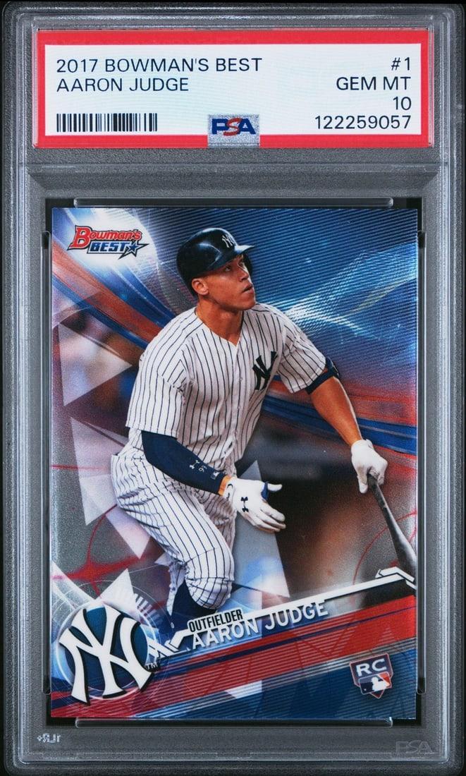 2017 Topps Bowmans Best Aaron Judge #1 Rookie Card PSA 10 Authentic: 2017 Topps Bowmans Best Aaron Judge #1 Rookie Card PSA 10 Authentic This is a graded 2017 Topps Bowmans Best Aaron Judge #1 Rookie RC Baseball Card, rated a perfect PSA 10. The card features Aaron Jud