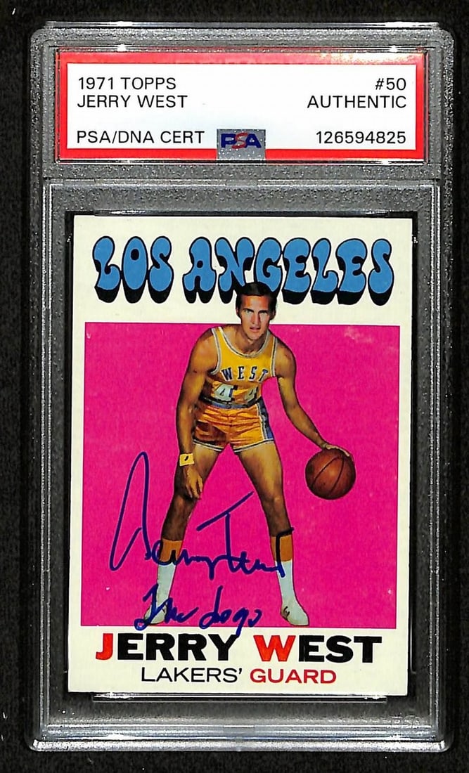 1971-72 Topps Card 50 Jerry West Autographed Lakers PSA/DNA Authenticated: 1971-72 Topps Card 50 Jerry West Autographed Lakers PSA/DNA Authenticated This is an original 1971-72 Topps basketball card #50, featuring Jerry West of the Los Angeles Lakers. The card has been signe