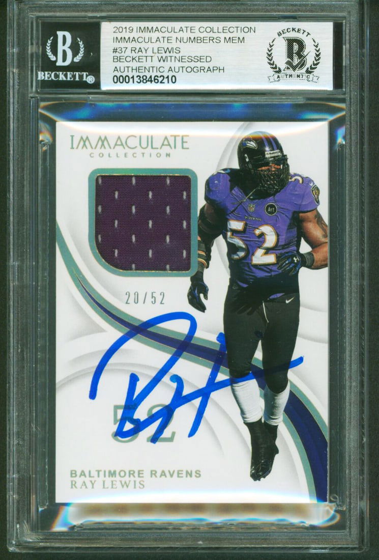 Ray Lewis 2019 Immaculate Collection #37 Autographed Card 20/52 Gem Mint 10: Ray Lewis 2019 Immaculate Collection #37 Autographed Card 20/52 Gem Mint 10 This 2019 Immaculate Collection card features Ray Lewis, a legendary player of the Baltimore Ravens. It is graded Gem Mint 1