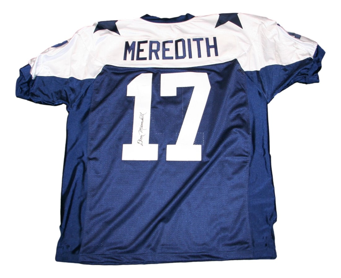 Don Meredith Signed Reebok Dallas Cowboys Jersey JSA Authenticated: Don Meredith Signed Reebok Dallas Cowboys Jersey JSA Authenticated This original Dallas Cowboys jersey is autographed by football legend Don Meredith. The jersey represents the iconic team and showcas