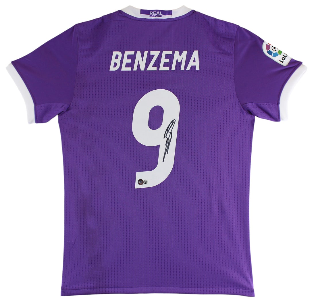 Karim Benzema Signed Purple Adidas Jersey Real Madrid BAS Certified: Karim Benzema Signed Purple Adidas Jersey Real Madrid BAS Certified Enhance your soccer memorabilia collection with this authentic purple Adidas jersey personally signed by Karim Benzema, the star pla