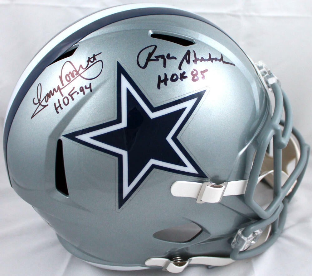 Roger Staubach Tony Dorsett Signed Cowboys Full Size Helmet Beckett Authenticated: Roger Staubach Tony Dorsett Signed Cowboys Full Size Helmet Beckett Authenticated This is an original Dallas Cowboys full-size speed helmet, signed by legendary players Roger Staubach and Tony