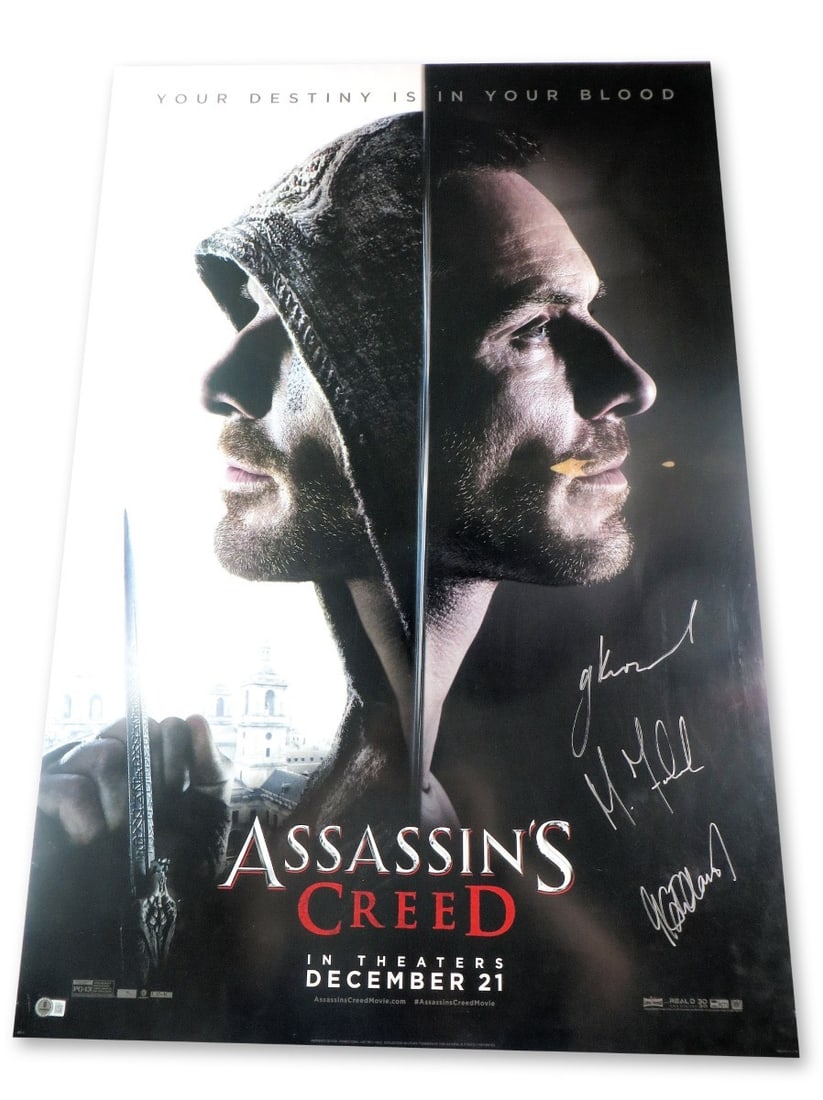 Assassin's Creed Multi Signed 27X40 Poster Fassbender Cotillard Kurzel Beckett Authenticated: Assassin's Creed Multi Signed 27X40 Poster Fassbender Cotillard Kurzel Beckett Authenticated This original 27x40 poster from Assassin's Creed is a multi-signed collectible featuring the autographs of