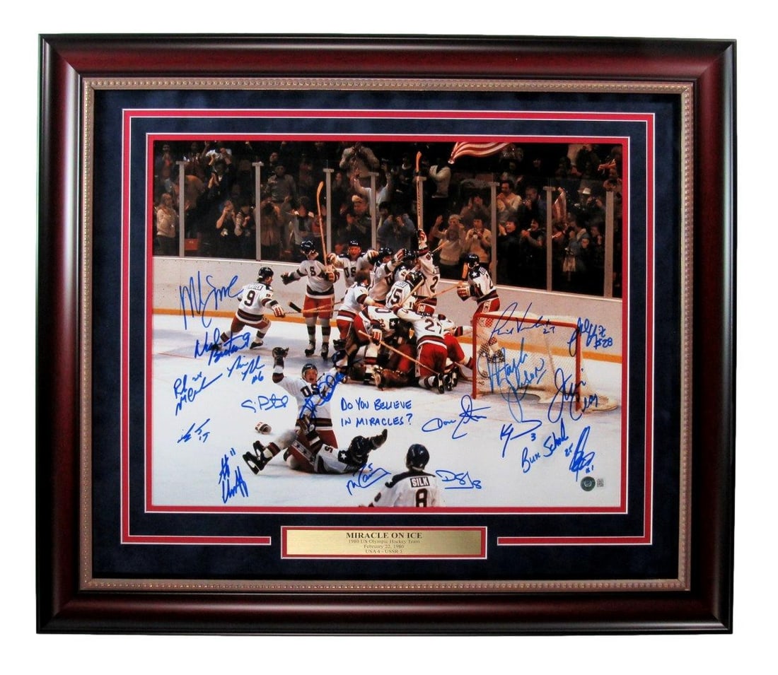 Framed 16x20 Photo with 18 Signatures 1980 Miracle on Ice Team Beckett Authenticated: Framed 16x20 Photo with 18 Signatures 1980 Miracle on Ice Team Beckett Authenticated This framed 16x20 photo commemorates the legendary 1980 "Miracle on Ice" U.S. Olympic hockey team. The photo