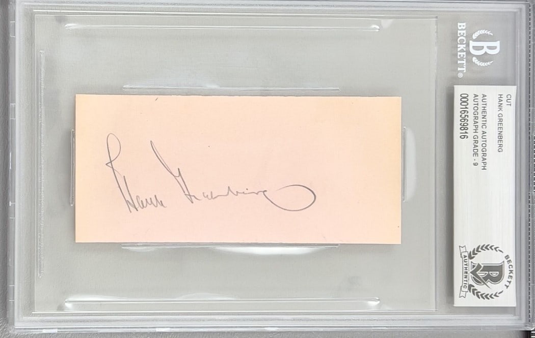 Hank Greenberg Autographed Cut Signature Beckett Authenticated 2 x 4.5: Hank Greenberg Autographed Cut Signature Beckett Authenticated 2 x 4.5 This is a cut signature of Hank Greenberg, a legendary player for the Detroit Tigers. The cut measures approximately 2 x 4.5 inch