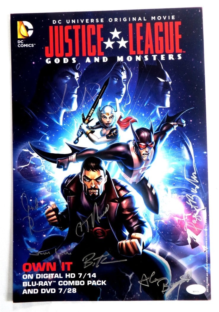 Justice League Gods and Monsters Signed Poster 7 Autographs JSA 10x15: Justice League Gods and Monsters Signed Poster 7 Autographs JSA 10x15 This original 10" x 15" poster from Justice League: Gods and Monsters features autographs from notable creators including C. Thoma