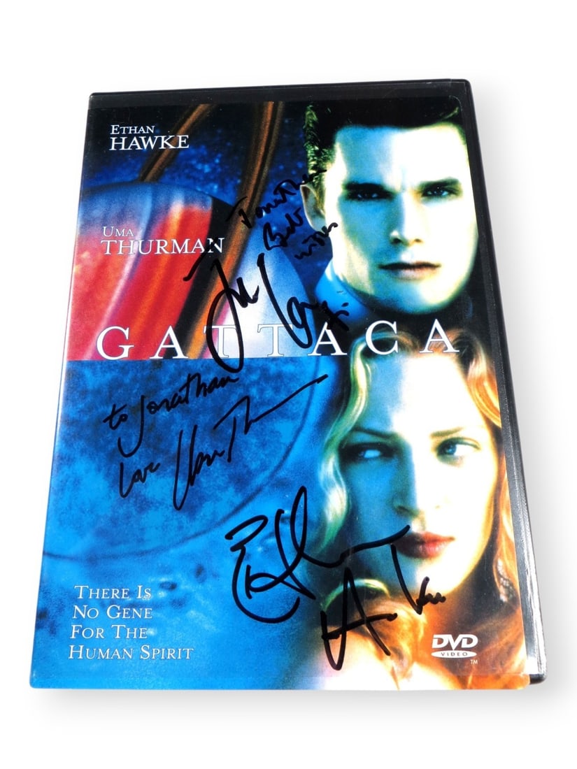 Gattaca Multi Signed DVD Cover Jude Law Uma Thurman Ethan Hawke Beckett Authenticated: Gattaca Multi Signed DVD Cover Jude Law Uma Thurman Ethan Hawke Beckett Authenticated This is an original DVD cover for the film Gattaca, featuring the signatures of Jude Law, Uma Thurman, and Ethan H