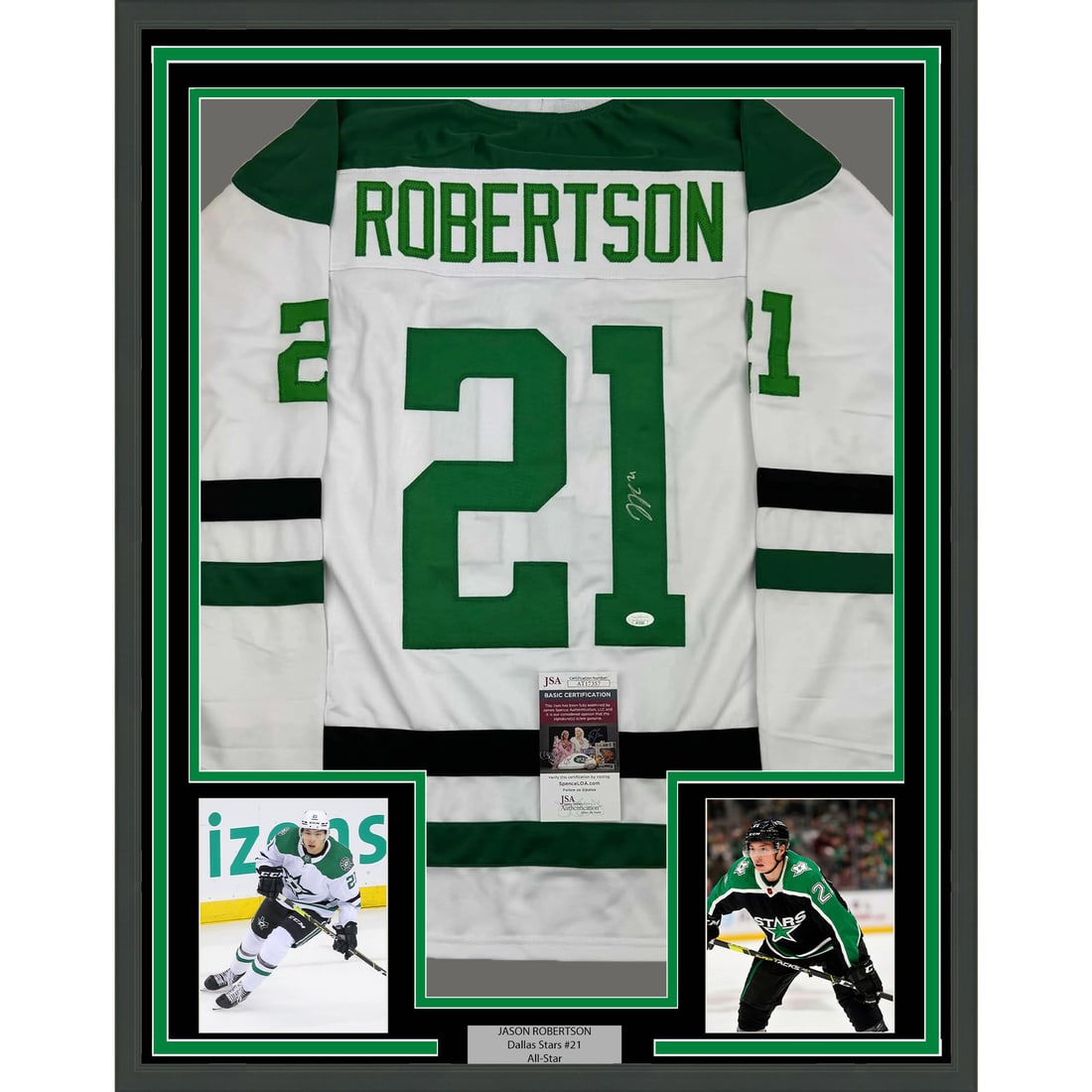 Framed Jason Robertson Autographed Jersey Dallas Stars JSA COA 35x39: Framed Jason Robertson Autographed Jersey Dallas Stars JSA COA 35x39 Celebrate your passion for hockey with this professionally framed and autographed Jason Robertson Dallas Stars jersey. Featuring an