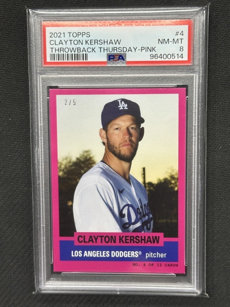 Clayton Kershaw 2021 Topps Throwback Thursday Pink Bazooka PSA 8 #4: Clayton Kershaw 2021 Topps Throwback Thursday Pink Bazooka PSA 8 #4 This is a Clayton Kershaw 2021 Topps Throwback Thursday Pink Bazooka Baseball Card, featuring card number #4. Graded by Professional