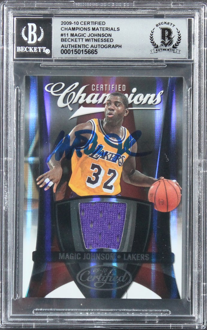 Magic Johnson Signed 2009-10 Lakers Card #11 #41/99 Graded Mint 10 BAS: Magic Johnson Signed 2009-10 Lakers Card #11 #41/99 Graded Mint 10 BAS This 2009-10 Certified Champions Materials Basketball card features the legendary Magic Johnson, personally signed and graded Min