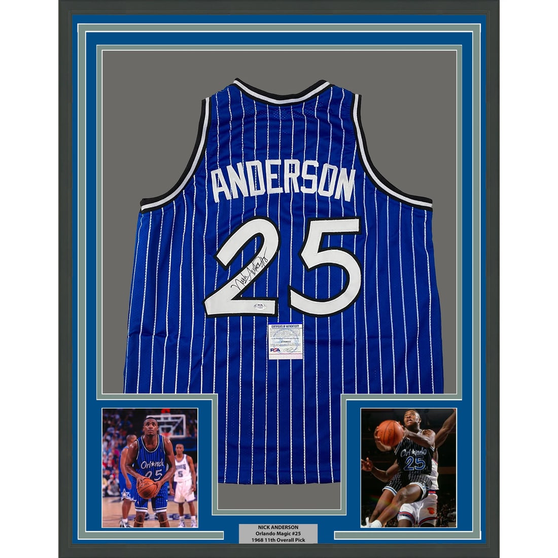 Framed Nick Anderson Autographed Jersey Orlando Magic PSA/DNA COA 33x42: Framed Nick Anderson Autographed Jersey Orlando Magic PSA/DNA COA 33x42 This professionally framed and matted collectible features an authentic autographed jersey of Nick Anderson from the Orlando Mag