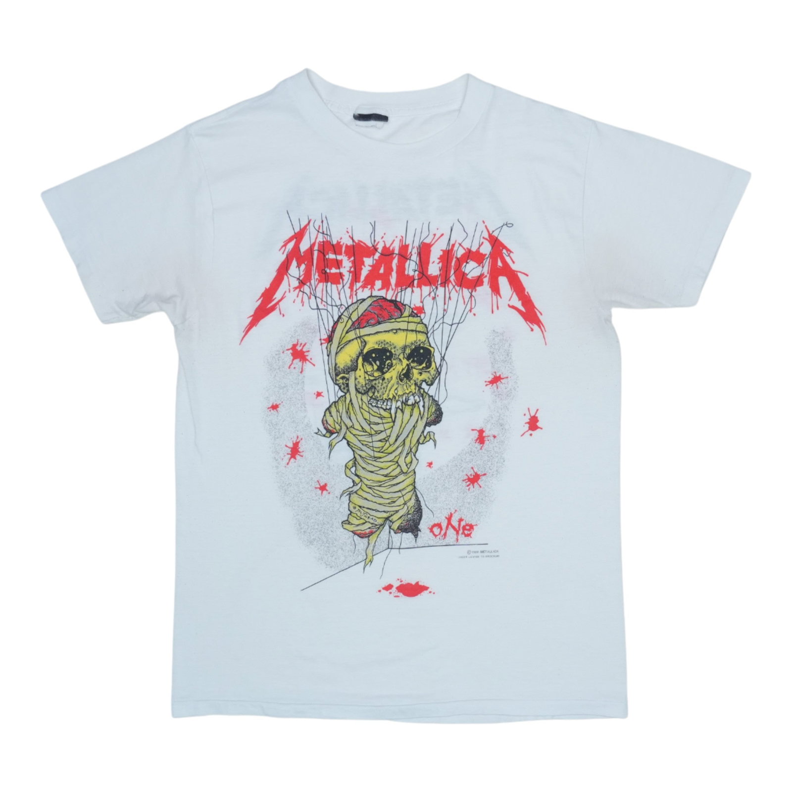 Vintage 1989 Metallica One Poly Cotton White Band T-Shirt: Vintage 1989 Metallica One Poly Cotton White Band T-Shirt This is an original vintage 1989 Metallica One shirt featuring graphics on both the front and back. Made from a 50/50 polyester and cotton ble