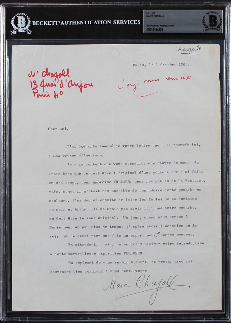 Marc Chagall Signed 1966 Typed Letter 8.25x10.5 Beckett Authenticated: Marc Chagall Signed 1966 Typed Letter 8.25x10.5 Beckett Authenticated This authentic typed letter, dated October 6, 1966, measures 8.25x10.5 inches and has been personally signed by renowned artist Ma