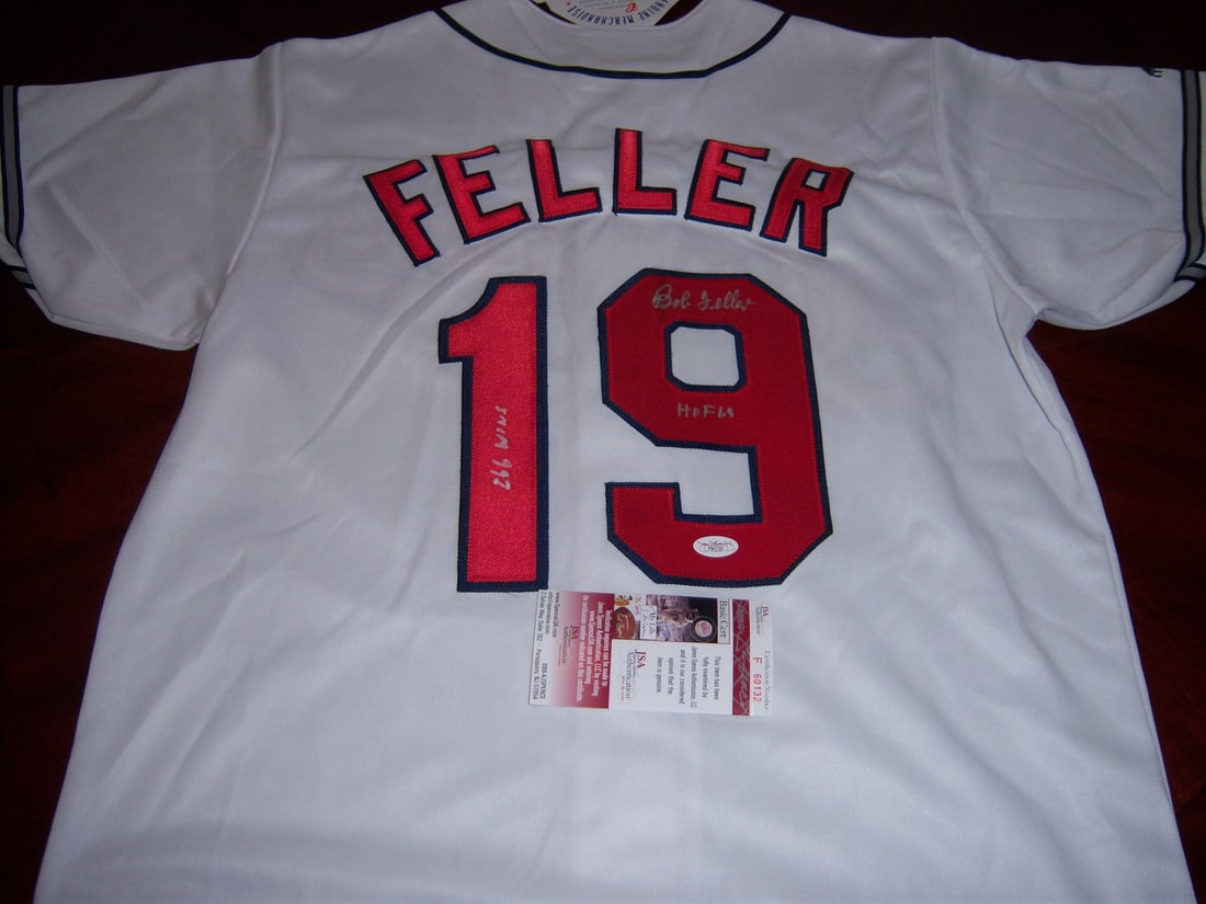 Bob Feller Autographed Majestic Cleveland Indians Jersey With JSA COA: Bob Feller Autographed Majestic Cleveland Indians Jersey With JSA COA This is an official Majestic jersey signed by Bob Feller, the Hall of Fame pitcher for the Cleveland Indians, who achieved 266 car