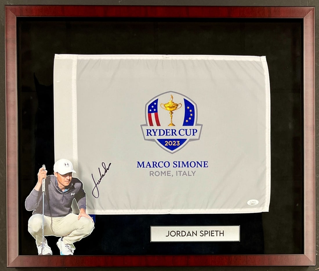 Jordan Spieth Signed 2023 Ryder Cup Flag Custom Framed JSA Authentication: Jordan Spieth Signed 2023 Ryder Cup Flag Custom Framed JSA Authentication This professionally framed display features a signed pin flag from the 2023 Ryder Cup, personally autographed by PGA star Jord