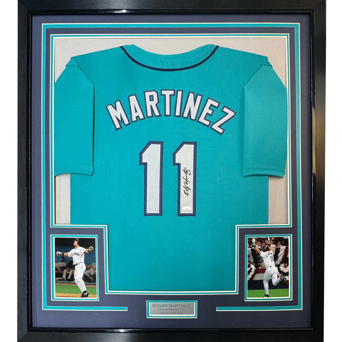 Framed Edgar Martinez Autographed Seattle Mariners Jersey with JSA COA: Framed Edgar Martinez Autographed Seattle Mariners Jersey with JSA COA Celebrate the legacy of Edgar Martinez with this professionally framed and autographed Seattle Mariners teal jersey. Measuring 35
