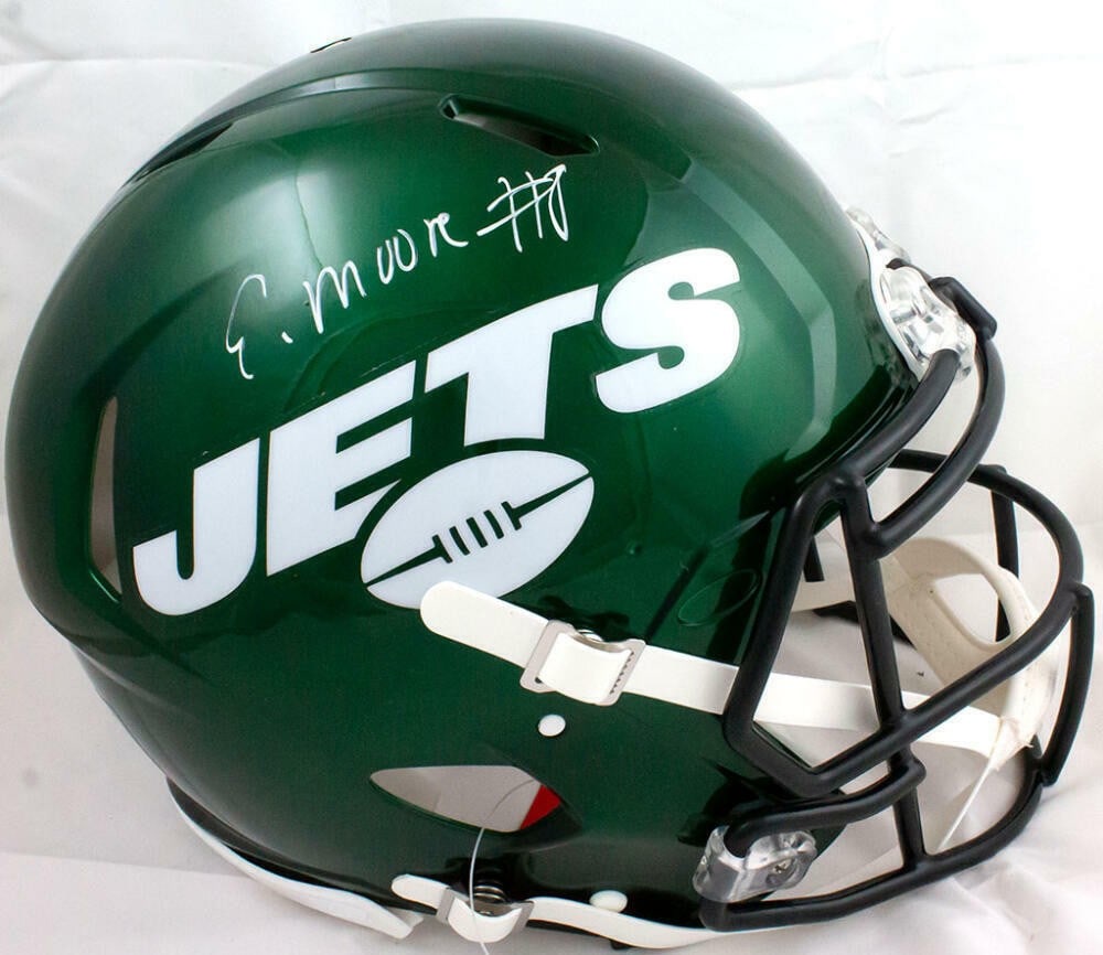 Elijah Moore Signed New York Jets Speed Helmet Beckett Authenticated: Elijah Moore Signed New York Jets Speed Helmet Beckett Authenticated This authentic full-size helmet features the signature of Elijah Moore, a promising player for the New York Jets. The item is verif