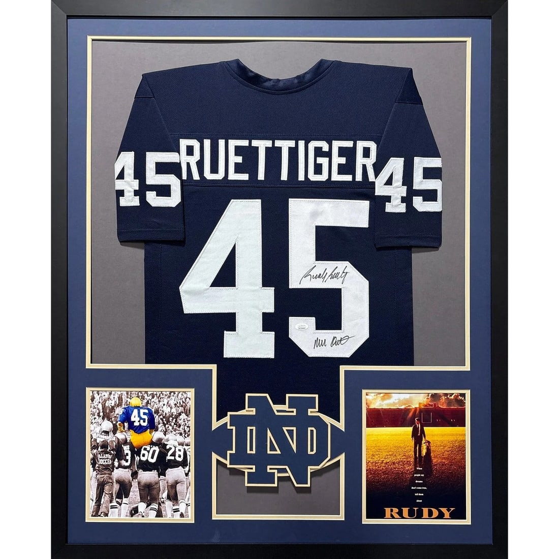 Rudy Ruettiger Signed Framed Jersey JSA Authenticated Notre Dame: Rudy Ruettiger Signed Framed Jersey JSA Authenticated Notre Dame This framed jersey of Rudy Ruettiger is a remarkable collectible for sports enthusiasts. Authenticated by JSA, one of the leading certi