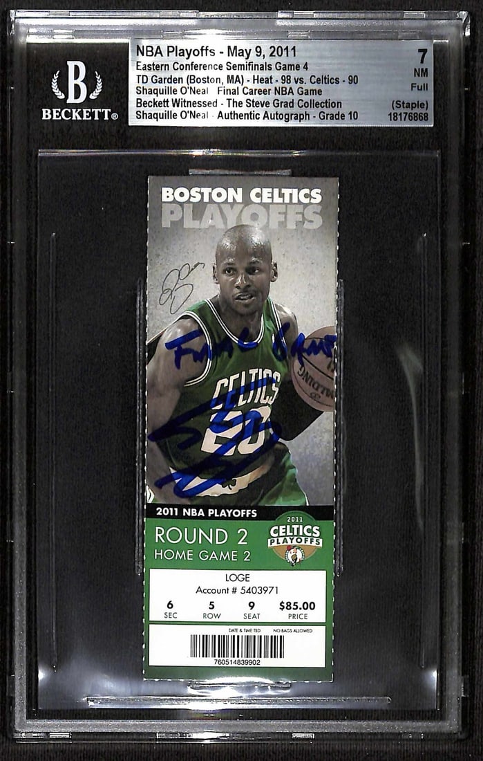Shaquille O'Neal Signed NBA Playoffs Ticket May 9 2011 Beckett Authenticated Auto 10: Shaquille O'Neal Signed NBA Playoffs Ticket May 9 2011 Beckett Authenticated Auto 10 This historic NBA Playoffs ticket, dated May 9, 2011, is boldly signed by Shaquille O'Neal in blue marker. It comme