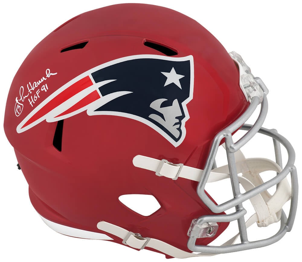 John Hannah Signed Patriots Flash Helmet HOF 91 COA: John Hannah Signed Patriots Flash Helmet HOF 91 COA This is a John Hannah signed New England Patriots FLASH full-size speed replica helmet, featuring the inscription 'HOF 91.' The autograph is done in