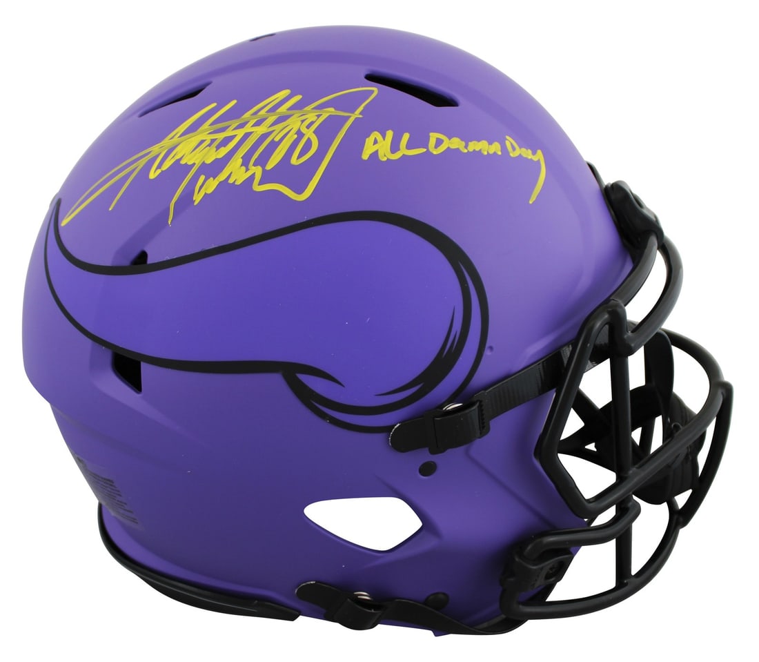 Adrian Peterson Signed Vikings Full Size Rave Helmet BAS All Damn Day: Adrian Peterson Signed Vikings Full Size Rave Helmet BAS All Damn Day This authentic Minnesota Vikings helmet is a stunning tribute to Adrian Peterson, featuring his personal inscription "All Damn Day