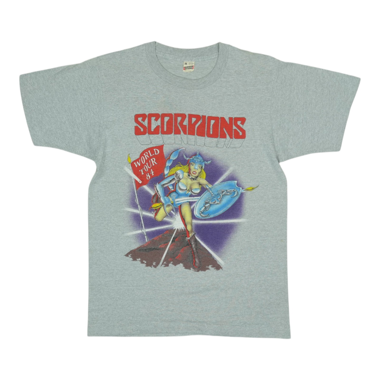 Vintage 1984 Scorpions Concert Tour Graphic Grey Poly Cotton T Shirt: Vintage 1984 Scorpions Concert Tour Graphic Grey Poly Cotton T Shirt This is an original vintage 1984 Scorpions World Tour shirt featuring graphics on both the front and back. Made from a comfortable