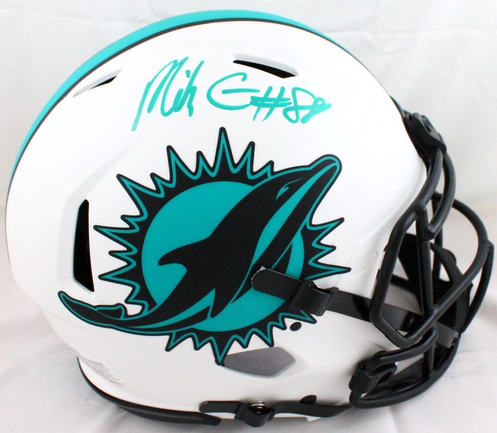 Mike Gesicki Autographed Miami Dolphins Lunar Speed Helmet Beckett Authenticated: Mike Gesicki Autographed Miami Dolphins Lunar Speed Helmet Beckett Authenticated Showcase your Miami Dolphins pride with this authentic full-size lunar speed helmet autographed by star player Mike Ges