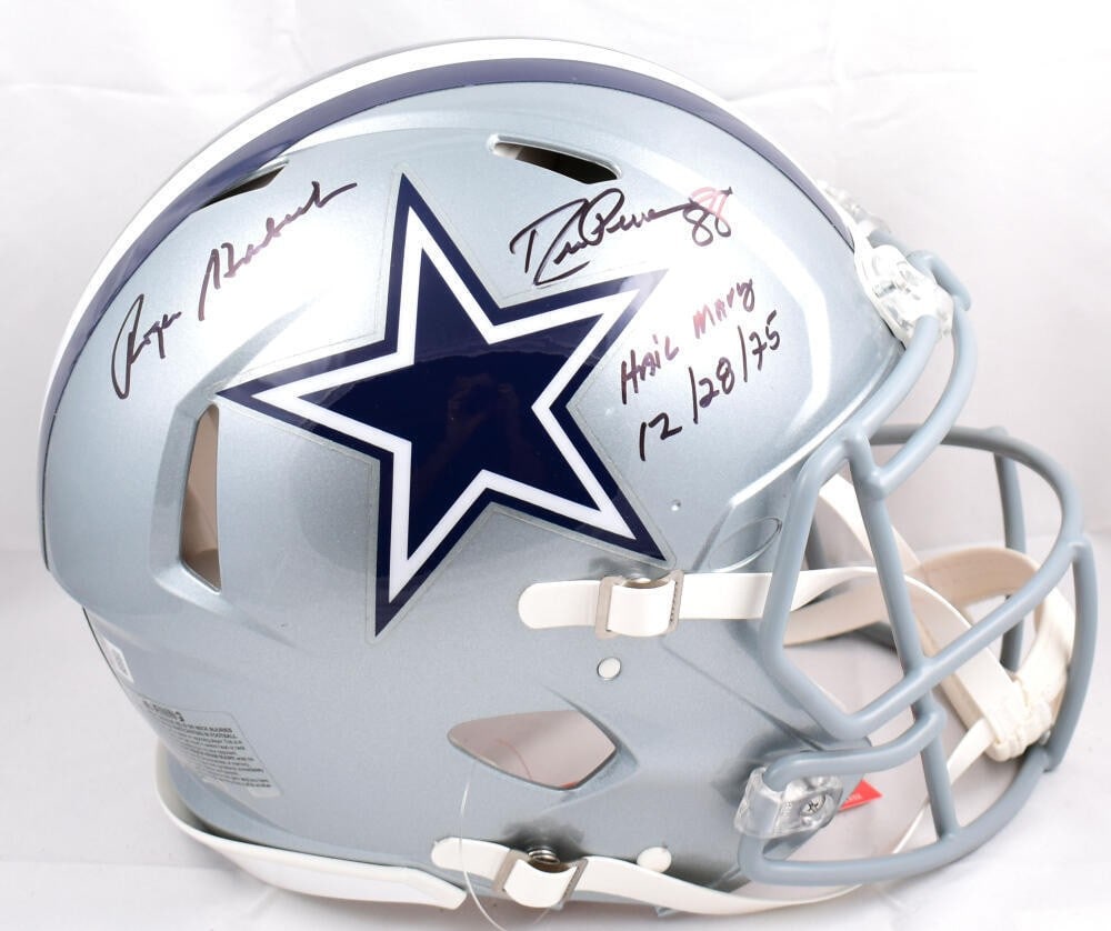 Drew Pearson Roger Staubach Signed Dallas Cowboys Authentic Helmet Beckett: Drew Pearson Roger Staubach Signed Dallas Cowboys Authentic Helmet Beckett This authentic full-size Dallas Cowboys helmet is signed by legendary players Drew Pearson and Roger Staubach. The helmet is